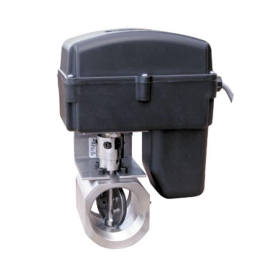 The Raven ON/OFF Valve - 2" NPT Butterfly, Stainless Steel (063-0172-178) is a metal and plastic industrial valve actuator crafted for precise fluid control in industrial settings. It features a black housing with attached wiring and is compatible with 2" stainless steel butterfly valves, making it ideal for use in agricultural irrigation systems.