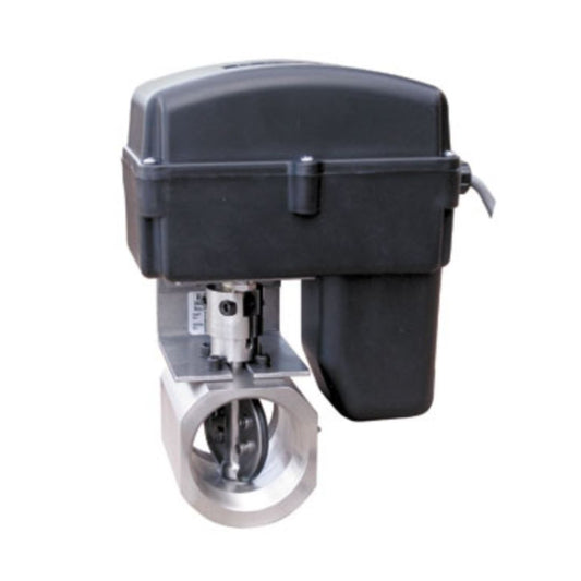 The Raven ON/OFF Valve - 2" NPT Butterfly, Stainless Steel (063-0172-178) is a metal and plastic industrial valve actuator crafted for precise fluid control in industrial settings. It features a black housing with attached wiring and is compatible with 2" stainless steel butterfly valves, making it ideal for use in agricultural irrigation systems.