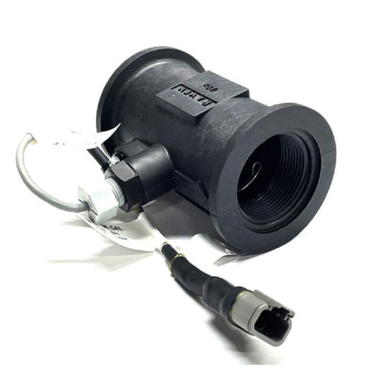 A Raven RPM 60P Flow Meter, black with attached wiring and DEUTSCH DTM connectors, used for precision flow measurement in an automotive engine.