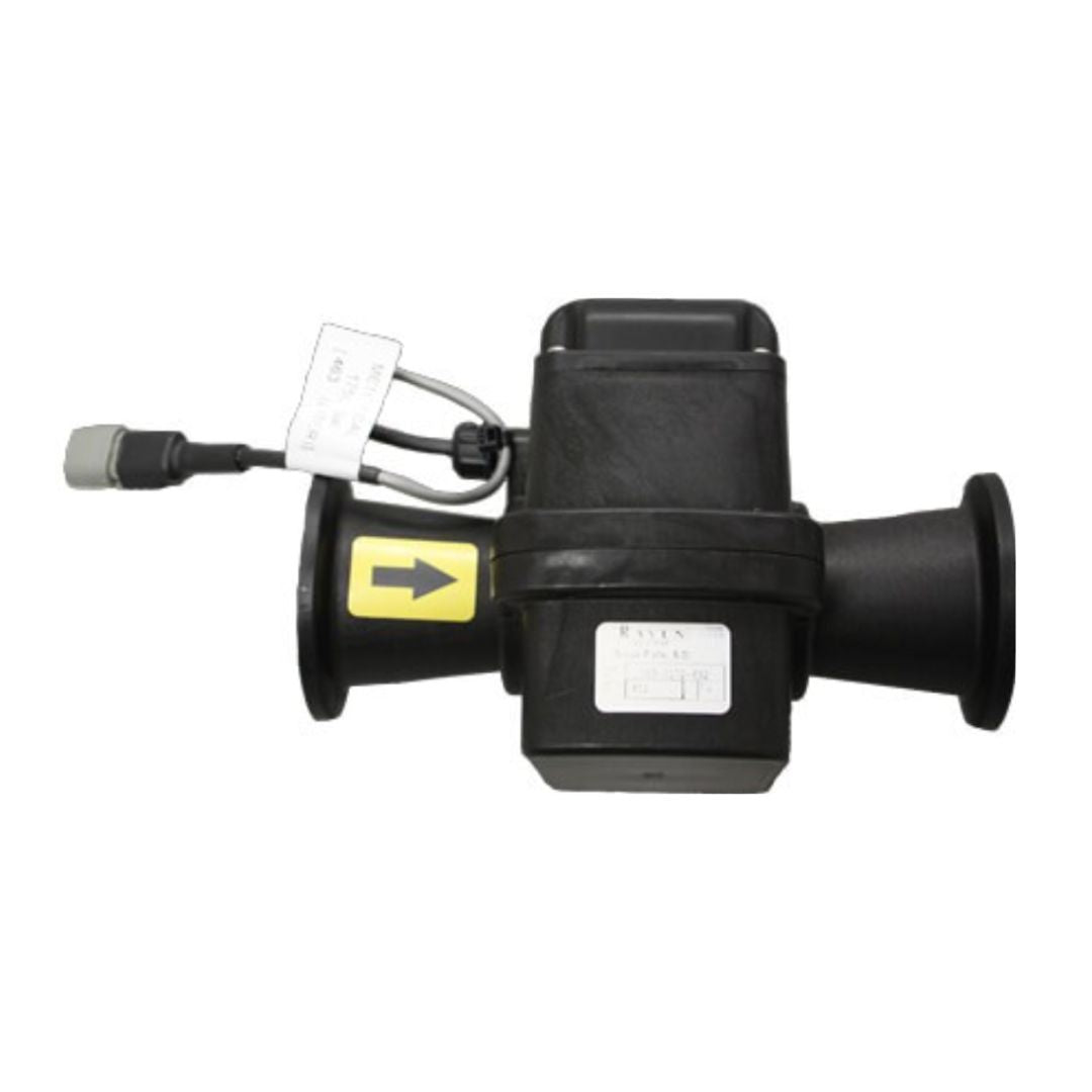 A Raven Magmeter 3", ANSI B16.5 Flanged Stainless Steel-Teflon, featuring a black electrical component with wires and a yellow arrow symbol on a white background, is engineered for precision in industrial applications.
