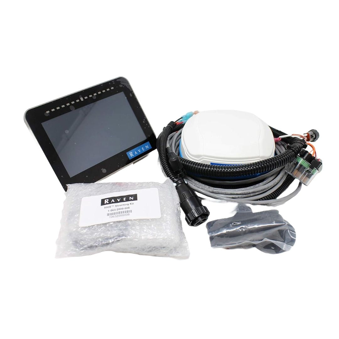 A bundle including a touchscreen display, cables, a white device with connectors, and a wrapped package labeled "Raven CR7 Field Computer w/ 500S GPS Antenna (117-2295-001UN)," ideal for precision farming.