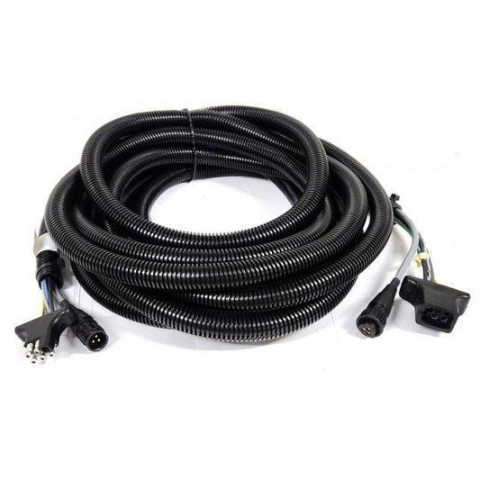 A Raven 24' Extension Cable, featuring a coiled black spiral Flow Cable and 6-Pin Rubber Plugs at both ends, perfect for electrical or automotive applications, set against a plain background.