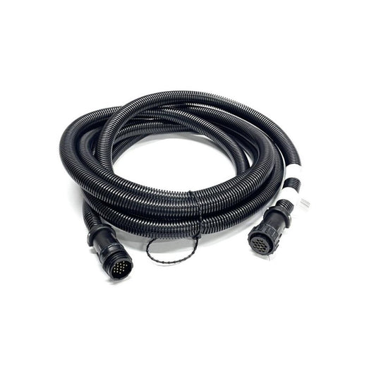 The Raven Extension Cable - 24' NH3 for 1-3 Section 440/450 (115-0159-857) is a coiled black electrical cable featuring multi-pin connectors on both ends, shown resting on a white background. This cable is ideal for agricultural operations as an extension for Raven NH3 systems.