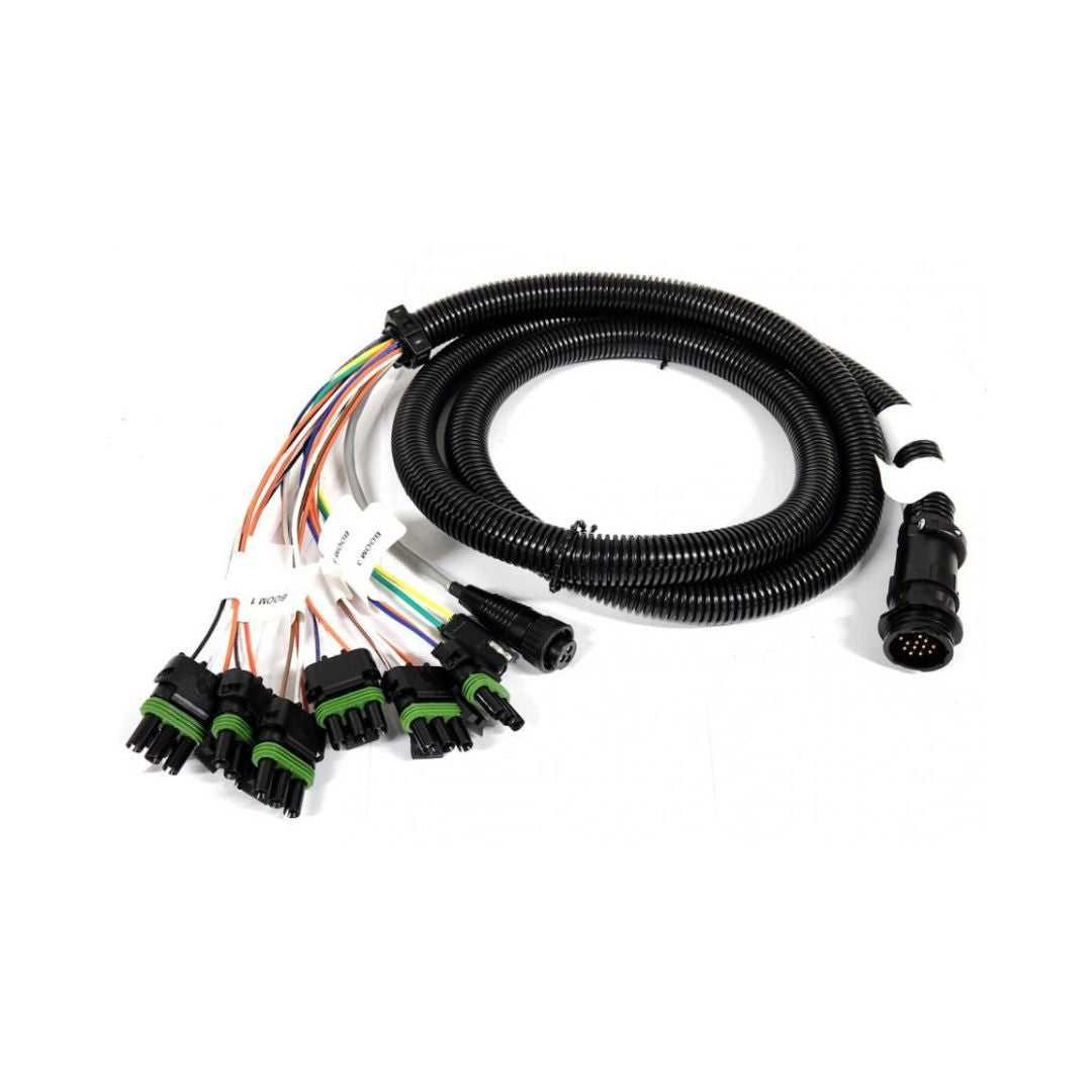 A coiled black Raven Flow Cable with 6 boom, 3 pin Weather Pack connectors, and a length of 6 feet extends from one end. It features multiple colored wires and is suitable for SCS450 systems used in agricultural sprayers, displayed against a white background.
