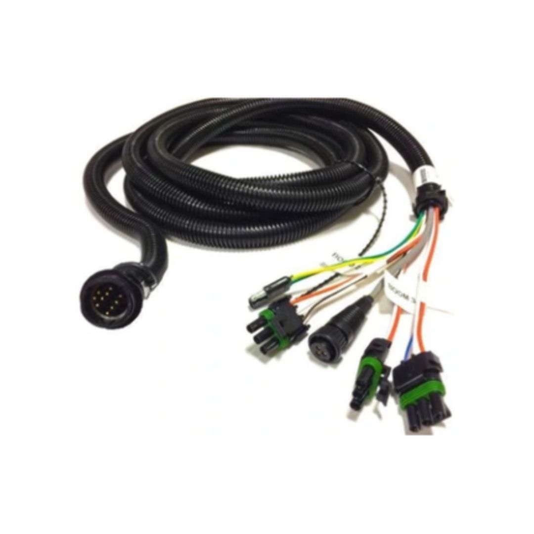 A black Raven 12' product cable for 440/450 systems, featuring a 6 section boom with a 16 pin AMP plug and a 3 pin Weatherpack, coiled in a loop and laid flat.