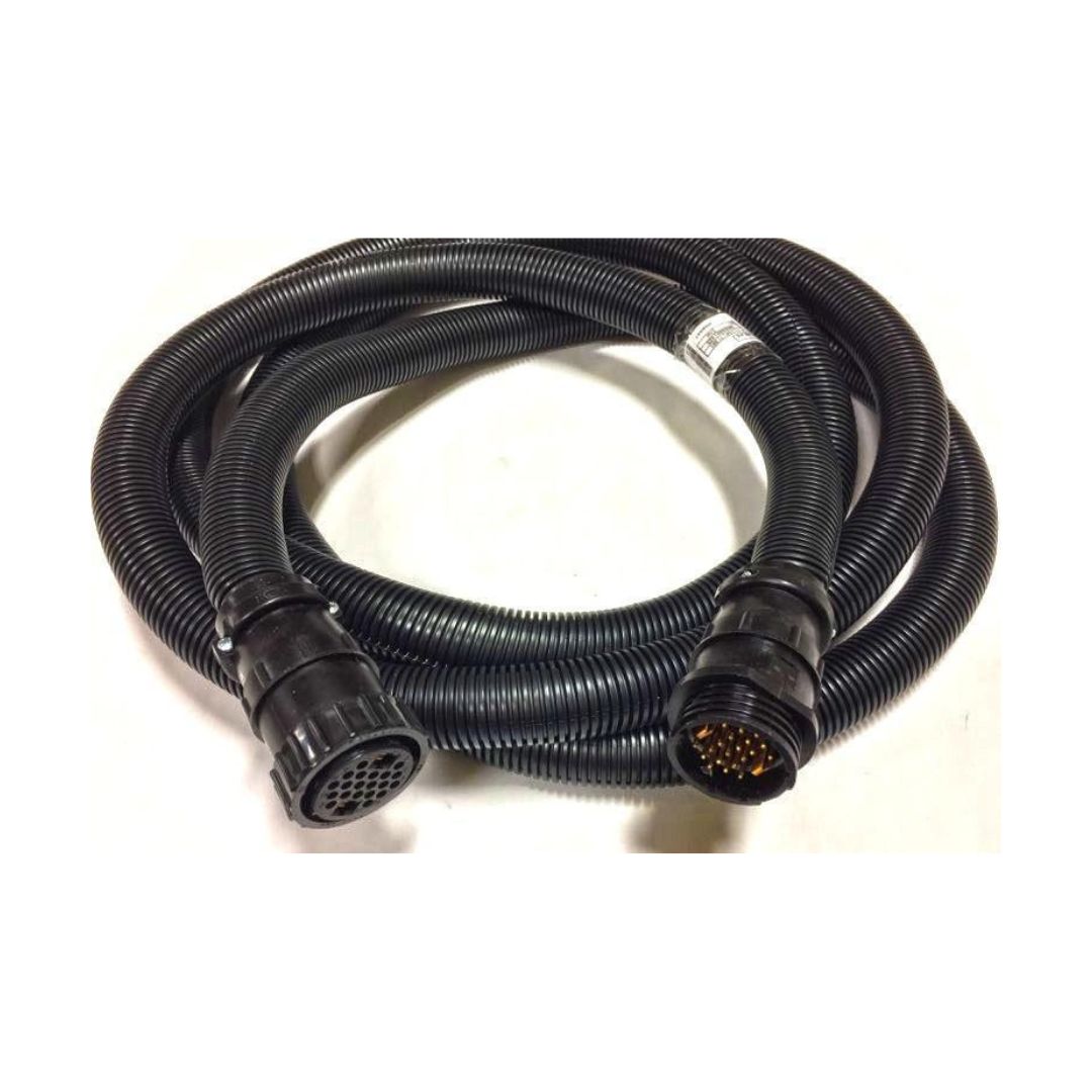 The Raven 12' Cable Extension SCS 460/660, featuring a coiled black cable with different connectors at each end, is shown on a plain white background. It is ideal for use with SCS 460/660 consoles in agricultural equipment.