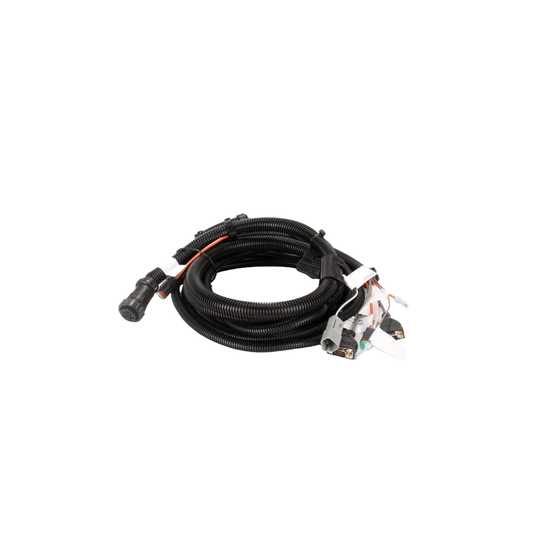 The Raven Main Cable - Viper Pro / Envizio II (115-0171-746) by Raven, a coiled black wiring harness ideal for Precision Agriculture, featuring various connectors and plugs, isolated on a white background.