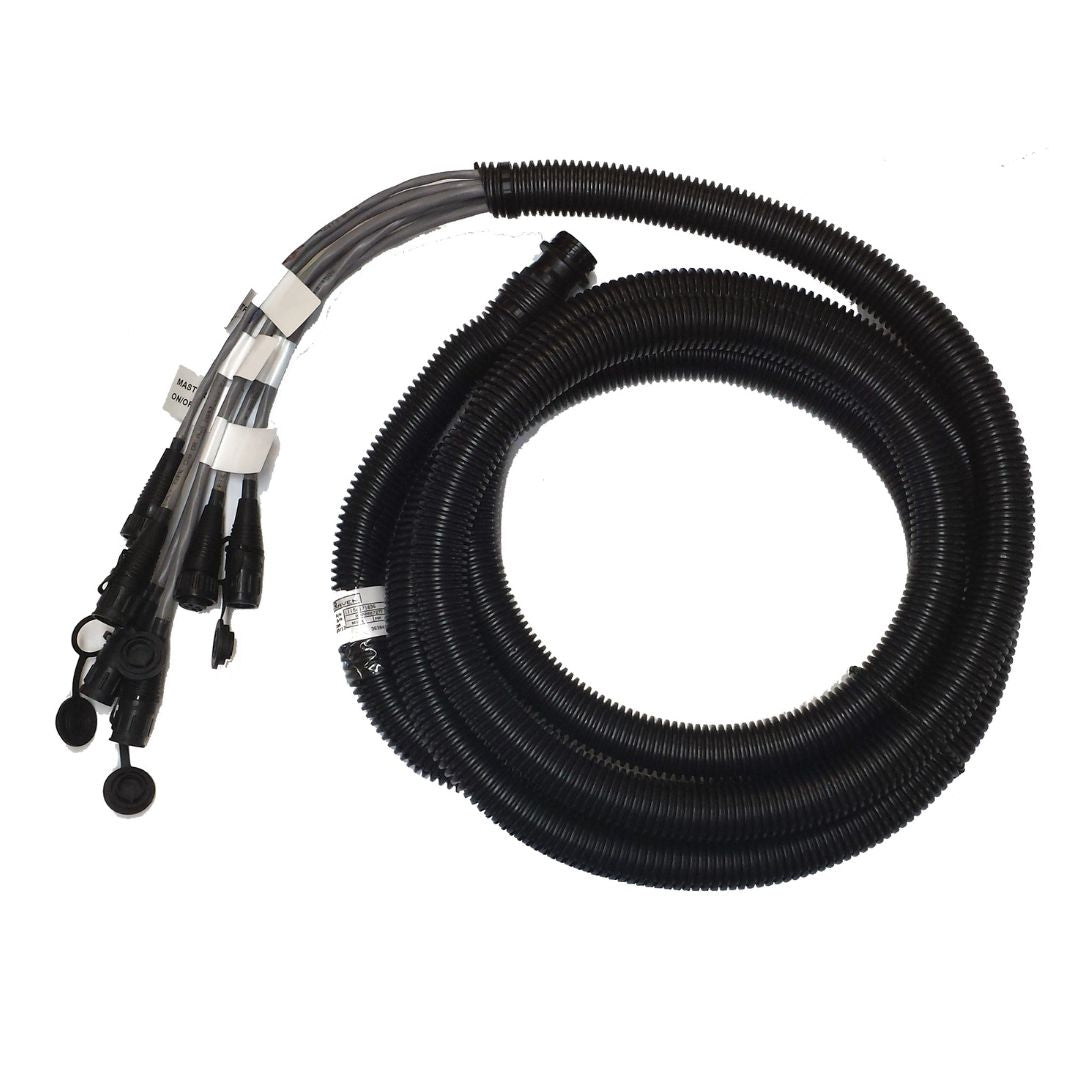 The Raven Flow Cable 3 Section 12', designed for flow meters and fast valves in NH3 systems, features coiled black tubing with attached connectors and includes additional clear tubes, making it ideal for fluid or air transfer across a range of applications.