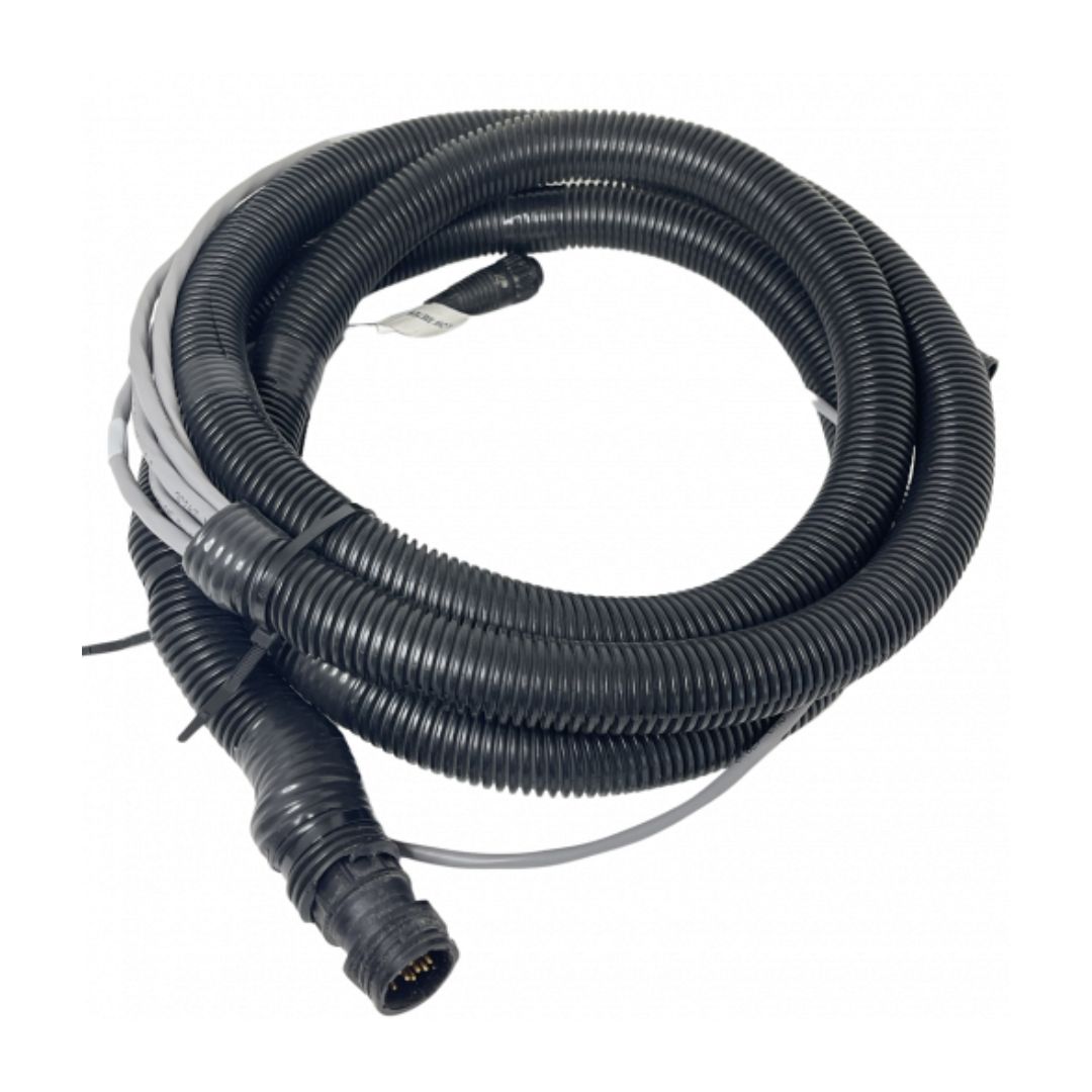 The Raven Flow Cable 3 Section 12' NH3 for Flow Meter & Fast Valve is a coiled black electrical cable featuring corrugated tubing and various connectors. Designed by Raven for use in NH3 systems and flow meters, it is ideal for both automotive and industrial applications.