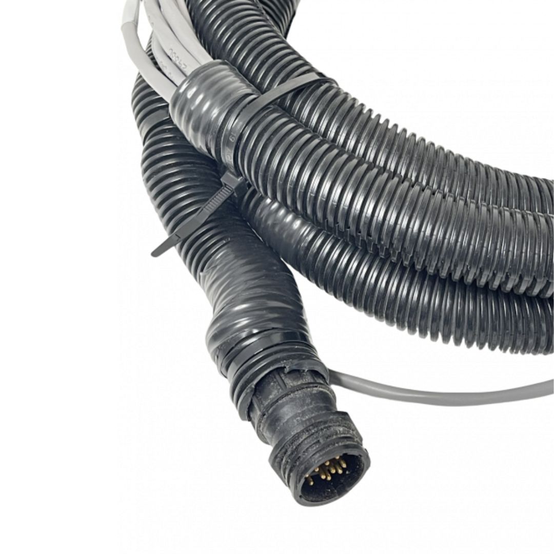 Close-up of a black, ribbed, flexible conduit with a multi-pin electrical connector at the end, bundled with zip ties—ideal for integrating with the Raven Flow Cable 3 Section 12' NH3 for Flow Meter & Fast Valve from Raven.