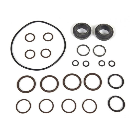 A variety of brown and black rubber o-rings and seals, including the Raven Seal Kit - 3/4" Pump Slipper Seals, Bearing & O-Rings (117-0159-987), arranged on a white background.