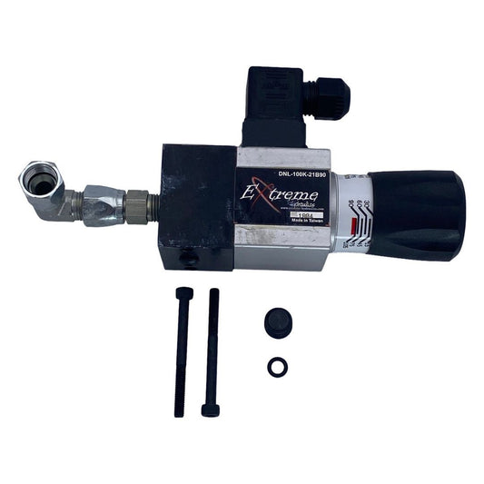 Introducing the Raven Pressure Switch - Micro Heavy Duty (442-0000-074), a versatile hydraulic pressure relief valve with a black adjustment knob and attached fittings, suitable for agricultural spraying applications. It comes complete with two screws and a small black cap.