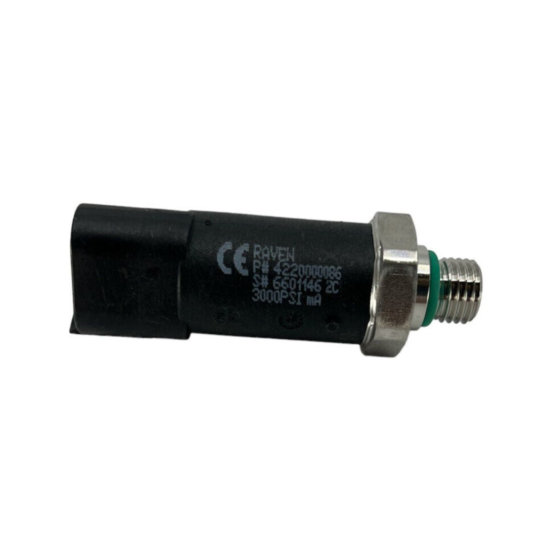 Close-up of a black and silver Raven Pressure Transducer - 4-20mA, 0-3000 PSI (422-0000-086) with the text "RAVEN" and "3000 PSI" visible on the body, ideal for both agricultural and industrial applications.