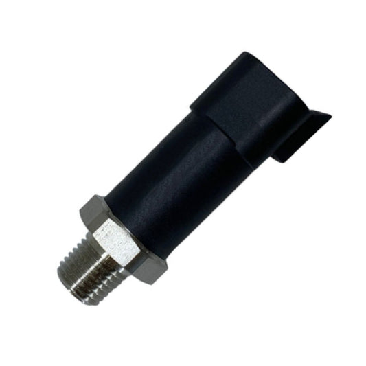 Close-up view of the Raven Pressure Transducer/Sensor 1-5V 0-250 PSI with a threaded 1/4" NPT metal connector and a plastic housing for electrical connections, ideal for industrial and agricultural applications.