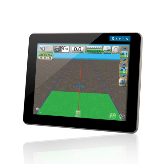 The Raven Viper 4+ Field Computer Kit - Without GPS (117-5010-010B) by Raven is a high-resolution touchscreen device with a precision farming control interface, featuring various icons and measurements related to agriculture.