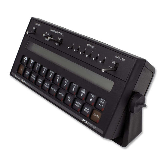 Close-up of a Raven SCS 450 Controller, a black electronic device featuring buttons, switches, and a digital display for NH3 flow control and boom management.