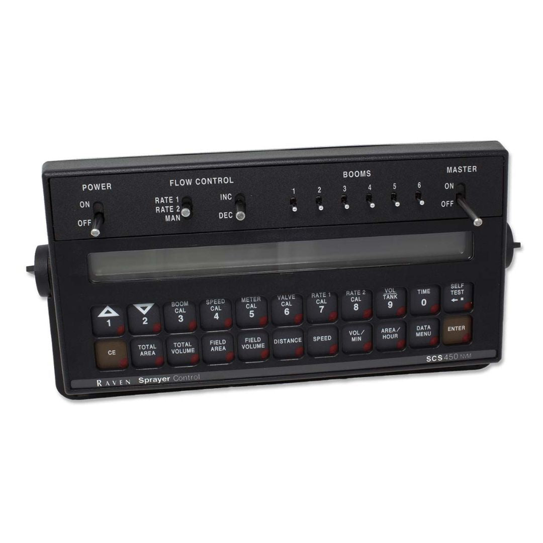 The Raven brand's SCS 450 Controller is a versatile device designed for precise liquid and NH3 flow control, incorporating buttons and a display for efficient boom management, and includes an intuitive master switch.