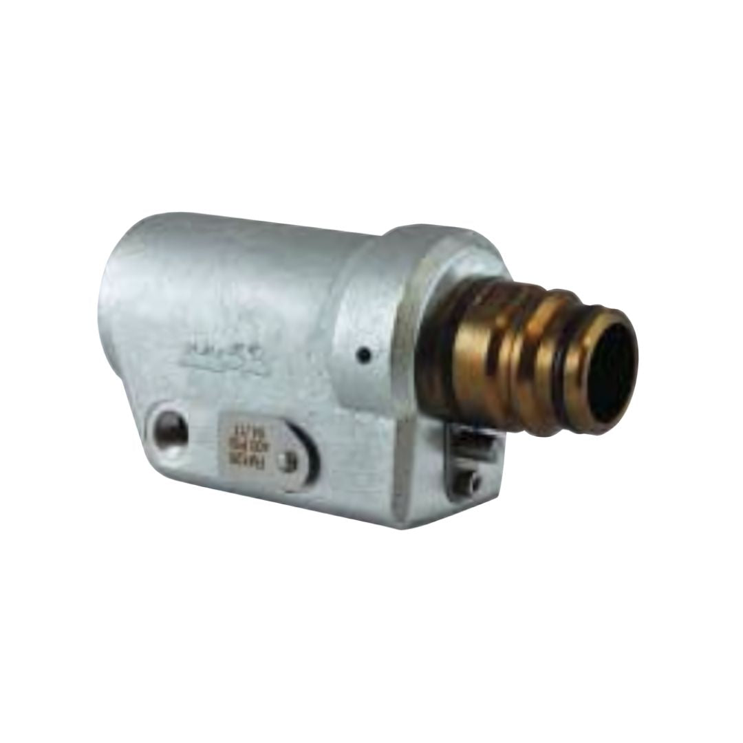The Squibb Taylor Flo-Max Safety Coupler - 1-1/4" MNPT, Male Half (SFM126-1200) from Squibb Taylor is a metal pneumatic fitting with a cylindrical shape, featuring threading on one end and a smooth surface on the other side, designed to integrate with NH3 toolbars.