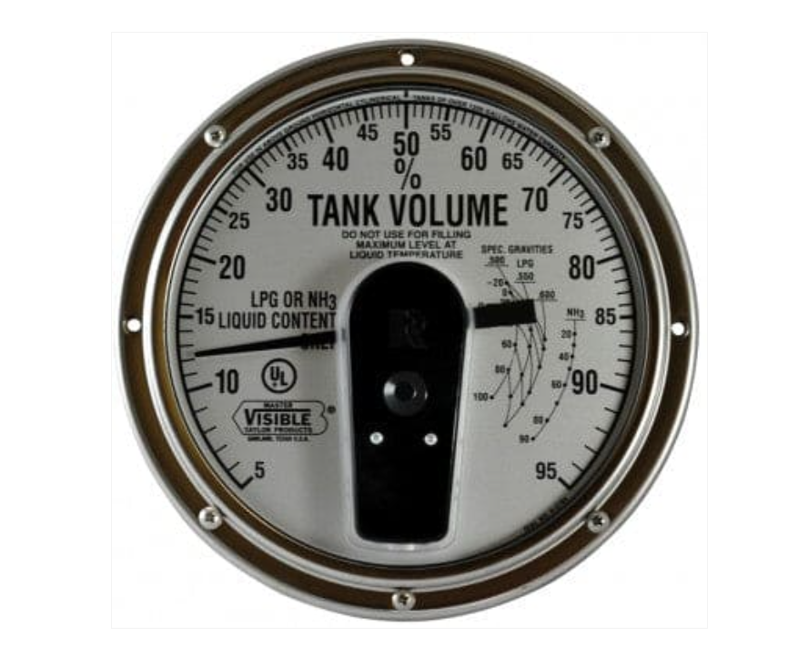 The Squibb Taylor Master R3D Dial 5-95 8" LP or NH3 (Remote Ready) gauge, by Squibb Taylor, displays tank volume with a scale ranging from 0 to 95 and includes various specifications. It is specifically designed for LP applications and comes with a warning not to use it for filling purposes.