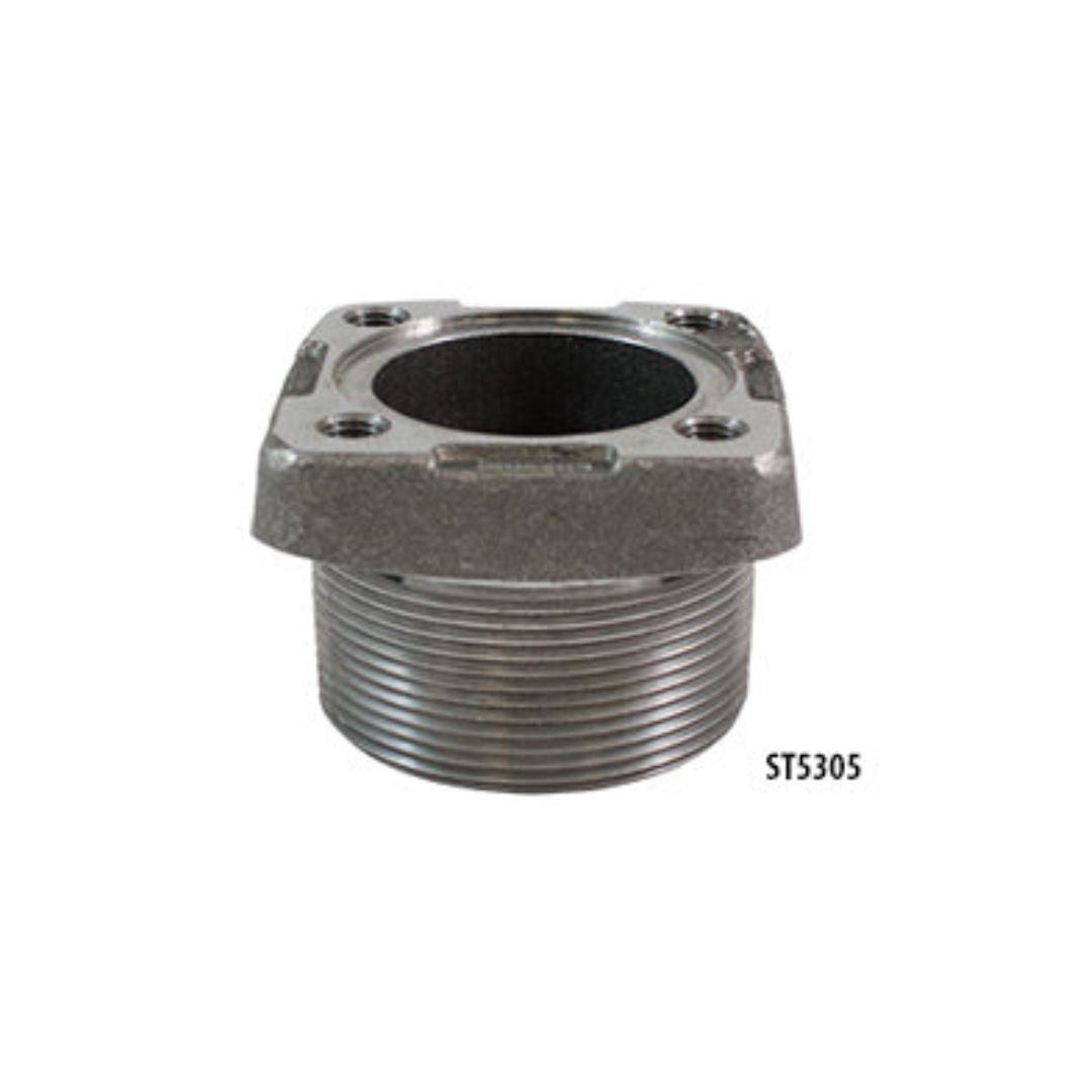 A metallic threaded pipe fitting with a square flange and multiple bolt holes, labeled "Squibb Taylor Gauge Adapter - 2" MNPT, 4-Bolt | Sr. Gauge (5305)" on the lower right, can serve as a 4" SR gauge adapter.