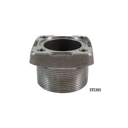 A metallic threaded pipe fitting with a square flange and multiple bolt holes, labeled "Squibb Taylor Gauge Adapter - 2" MNPT, 4-Bolt | Sr. Gauge (5305)" on the lower right, can serve as a 4" SR gauge adapter.