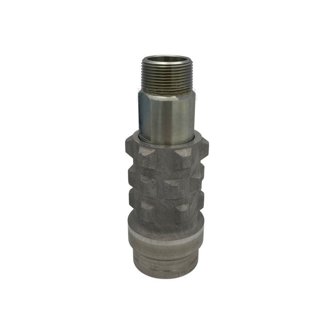 The Squibb Taylor Filler Coupling 1-1/4" MNPT x 2-1/4" Female ACME features a threaded end and a textured body, commonly used in machinery or equipment such as Type C couplings.