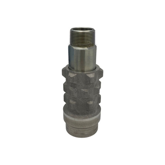 The Squibb Taylor Filler Coupling 1-1/4" MNPT x 2-1/4" Female ACME features a threaded end and a textured body, commonly used in machinery or equipment such as Type C couplings.