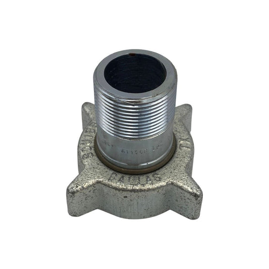 A durable component, the Squibb Taylor Filler Coupling 1-1/4" MNPT x 2-1/4" Female ACME features a threaded pipe connector and a radial base with four protruding arms, designed for 1-1/4" MNPT Filler Coupling applications.