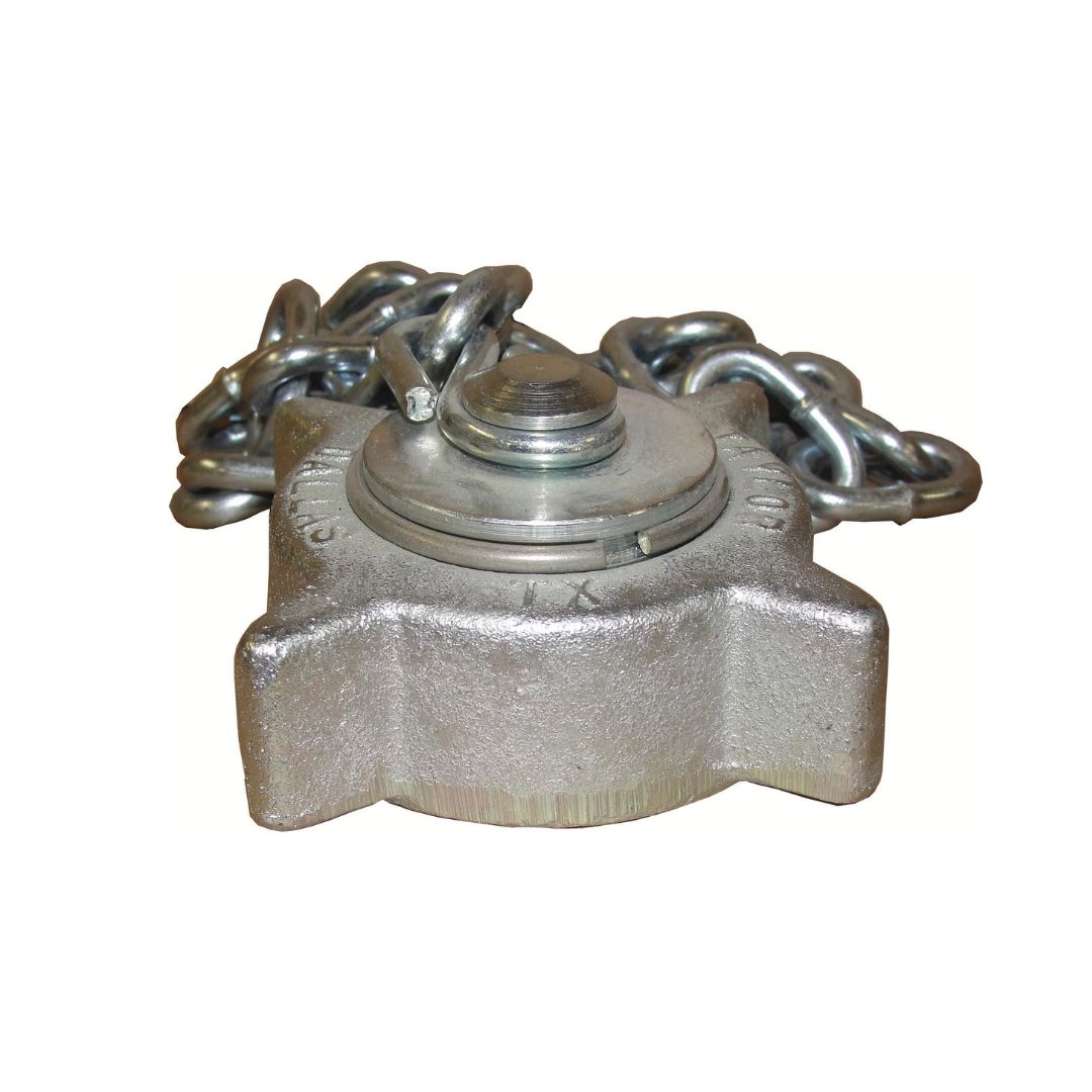 Squibb Taylor 2-1/4" Female ACME Steel Cap with Chain: Featuring high-quality steel construction, this cap includes an attached metal chain. Its industrial-grade, rugged appearance makes it suitable for a variety of applications.