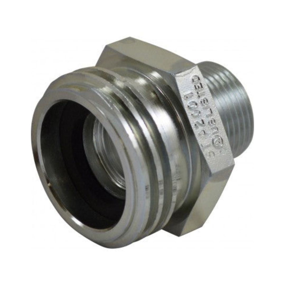 A close-up of the Squibb Taylor 1-3/4" Male ACME x 3/4" MNPT Adapter A2001S, featuring threaded ends and a rubber seal, expertly designed for anhydrous ammonia applications.