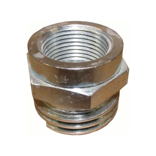 Detailed close-up view of the Squibb Taylor ACME Adapter 1-3/4" MACM x 1" FPT, highlighting the metallic threaded pipe fitting with its distinctive hexagonal middle section and cylindrical body, specifically designed for NH3 applications with a male ACME thread.