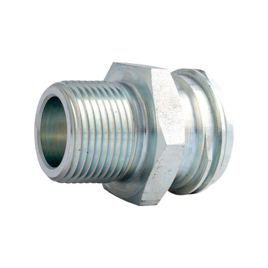 The Squibb Taylor ACME Adapter - 2-1/4" MACM x 1" MNPT (A2059) is a robust pipe connector featuring a threaded male end, perfect for joining two pipes securely. Designed specifically for industrial applications, it is constructed from metal and boasts a lightly polished surface finish.