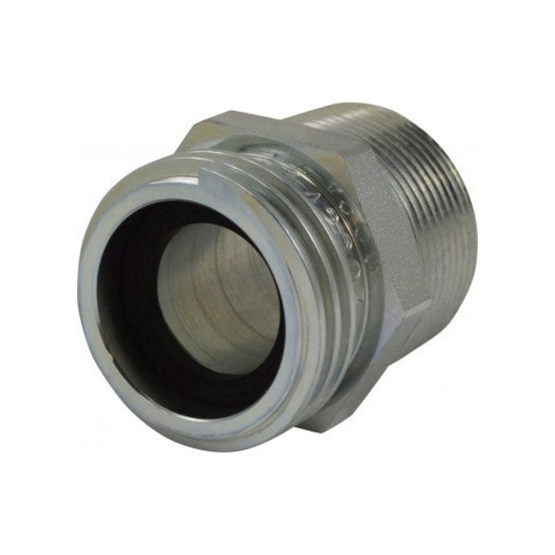 A close-up view of the Squibb Taylor 2-1/4" ACME x 1-1/4" MPT Adapter, featuring a threaded end and an internal rubber gasket, ideal for NH3 applications.
