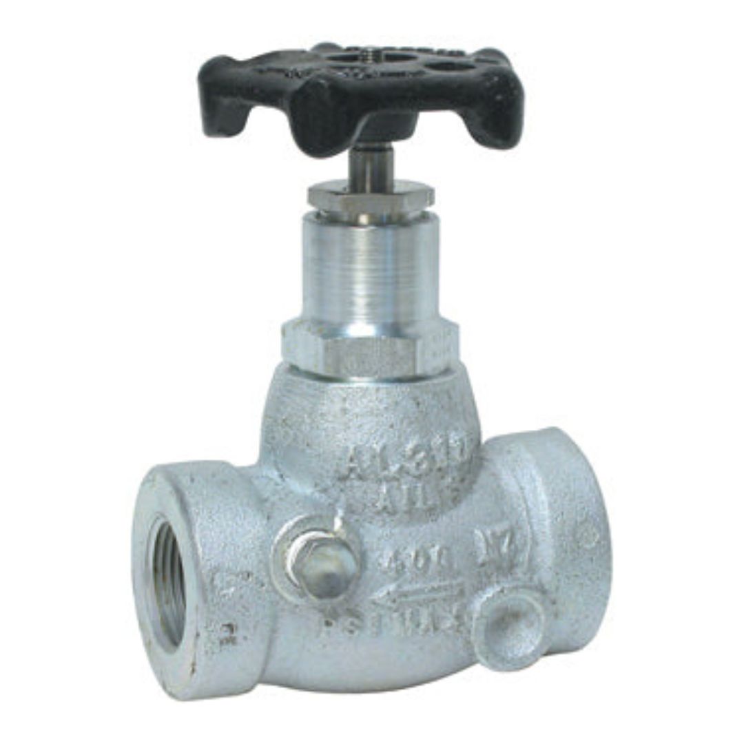 Introducing the Squibb Taylor 2" FNPT Globe Valve AL316P, a robust silver valve featuring a black handle, specifically engineered for regulating fluid flow in plumbing systems.