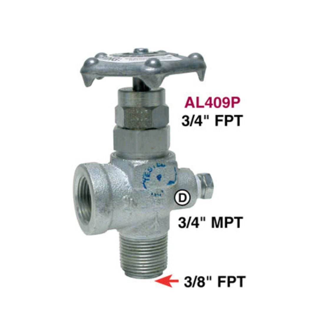 The Squibb Taylor Angle Valve - 3/4" FNPT, 90 Degree, NH3 Economy (AL409P), featuring a wheel handle at the top and connection types including 3/4" FPT, 3/4" MPT, and 3/8" FPT, is ideal for anhydrous ammonia applications in small applicator tanks.