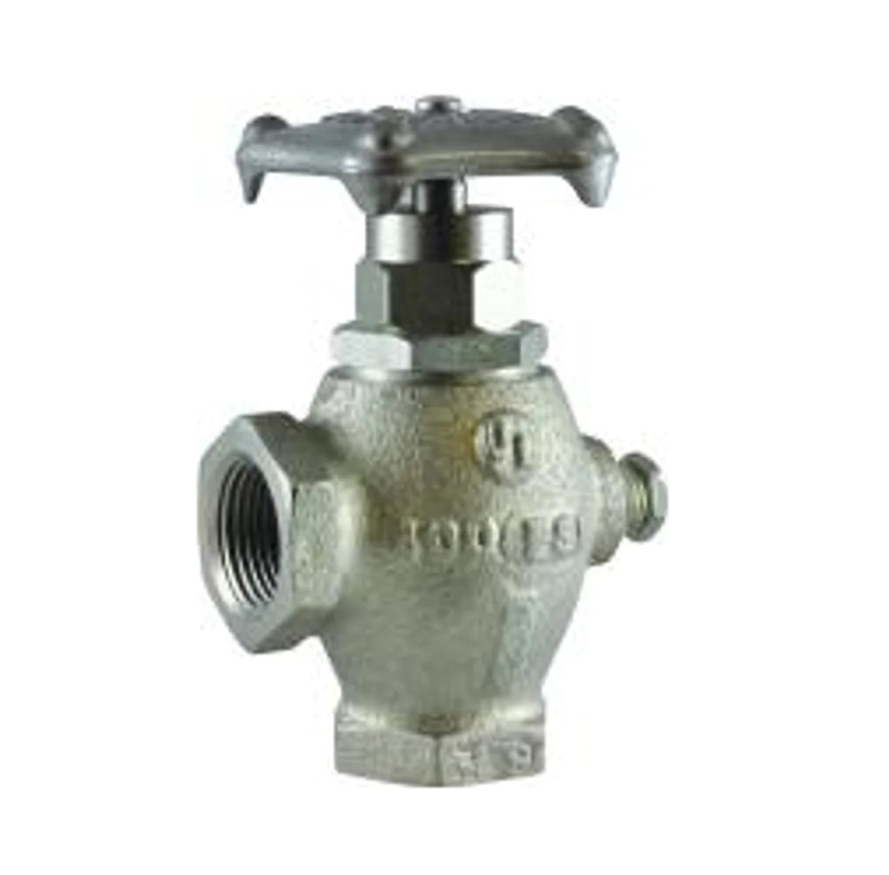 The Squibb Taylor Angle Valve - 1/2" FNPT, 90 Degree, NH3 Economy (AL411P) is a precision control angle valve with a threaded connection and a cross-shaped handle, making it ideal for use in plumbing and industrial applications involving NH3 systems handling anhydrous ammonia.