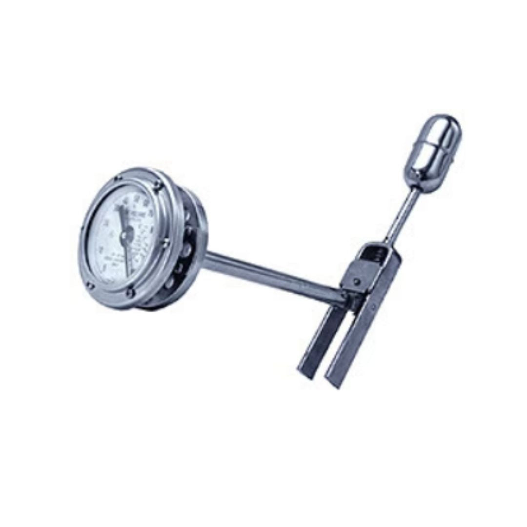 The Squibb Taylor RoadMaster Gauge - 72" Tank, 8-Bolt Mount (RM1833-72) is a metallic analogue industrial gauge with an attached float, ideal for measuring liquid level readings in mobile tanks.