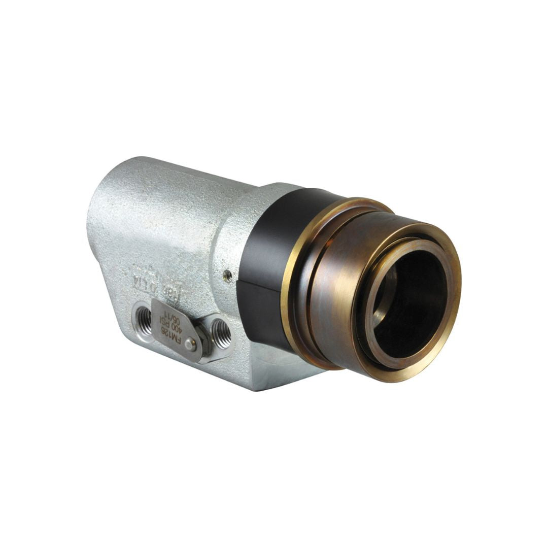 The Squibb Taylor Flo-Max Safety Coupler - 1-1/4" FNPT, Female Half (SFM126-1100) is a metallic hydraulic fitting with a cylindrical shape that features a threaded end, stainless steel internal parts, and a sealed coupling section.