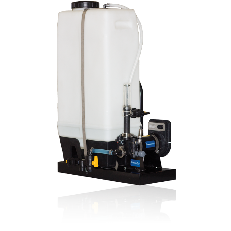 A Raven Sidekick Pro™ Direct Injection Pump - 5-200 oz/min 24 Gallon (063-0173-213), featuring an integrated meter and valves, mounted on a black platform, ideal for precision chemical injection in advanced sprayer systems.