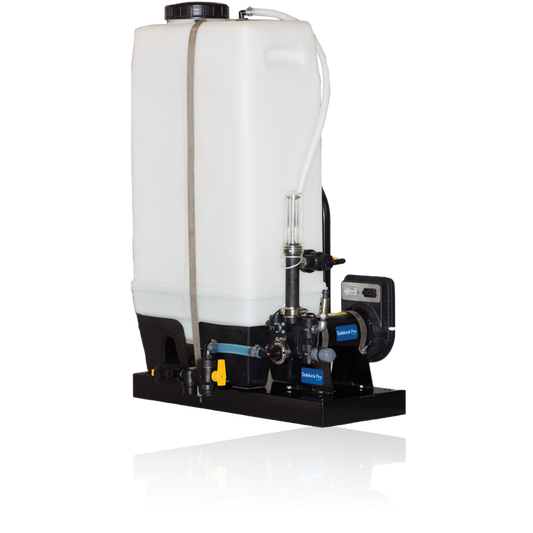 A Raven Sidekick Pro™ Direct Injection Pump - 5-200 oz/min 24 Gallon (063-0173-213), featuring an integrated meter and valves, mounted on a black platform, ideal for precision chemical injection in advanced sprayer systems.