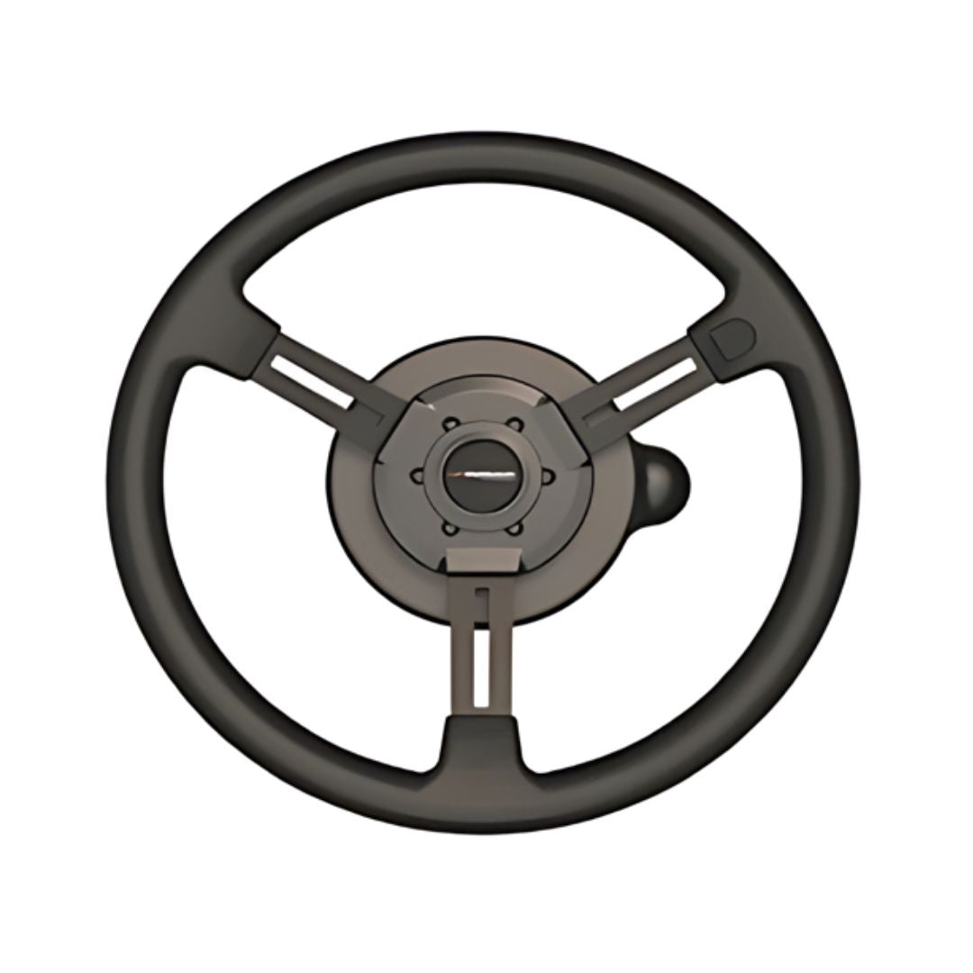Illustration of the Outback ESI² Installation Kit - Electric Steering Wheel, featuring a black precision autosteer design with three spokes and a central circular hub, displayed on a white background.