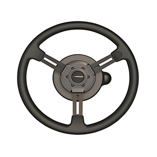 Illustration of the Outback ESI² Installation Kit - Electric Steering Wheel, featuring a black precision autosteer design with three spokes and a central circular hub, displayed on a white background.