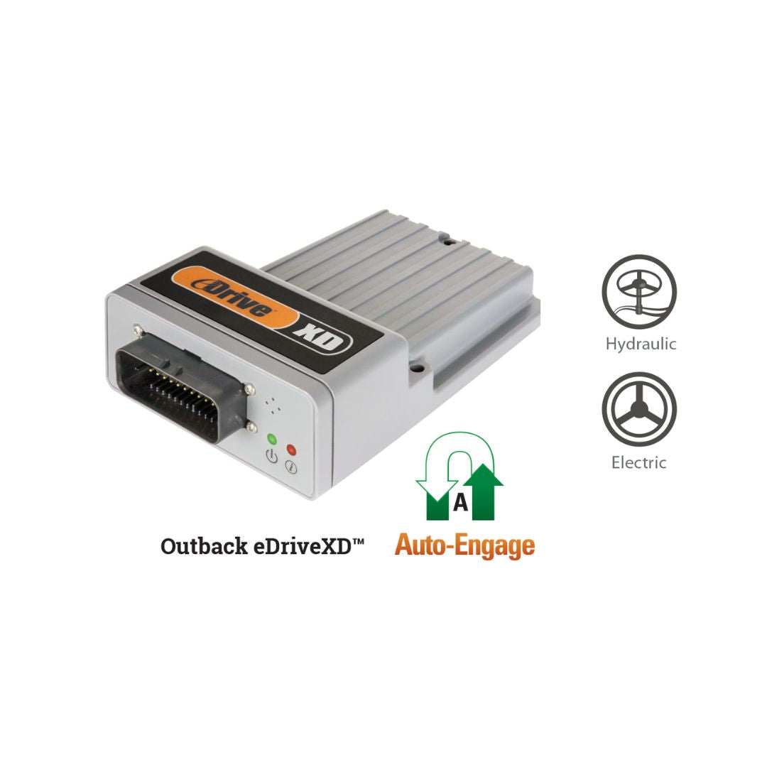 The Outback eDrive XD Console with Cables - Precision Autosteer System (910-1063-000#) by Outback features an auto-engage device with a connector, LEDs, and Hydraulic/Electric icons that illustrate the technology, providing decimeter-level accuracy ideal for precision agriculture applications.