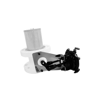 The Marshall Excelsior ME207 Air Actuator for 3" Double Flange Internal Valves is a mechanical device with a cylindrical filter and coiled hoses on a white base, skillfully captured in a photograph with a pristine white background.