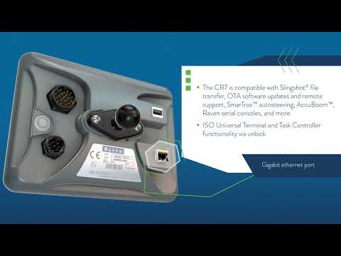 Back view of the CR7 Field Computer by Raven, showing multiple connection ports, including a gigabit ethernet port. Features compatibility with Slingshot file transfer, OTA updates, SmarTrax autosteering, AccuBoom, Raven serial consoles, and ISO Universal Terminal functionality.