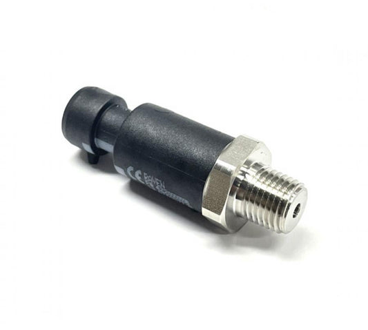 A Raven Pressure Transducer / Sensor 0-250 PSI, featuring a black and metallic cylindrical design with a threaded end and a Metripack plastic connector, isolated on a white background.