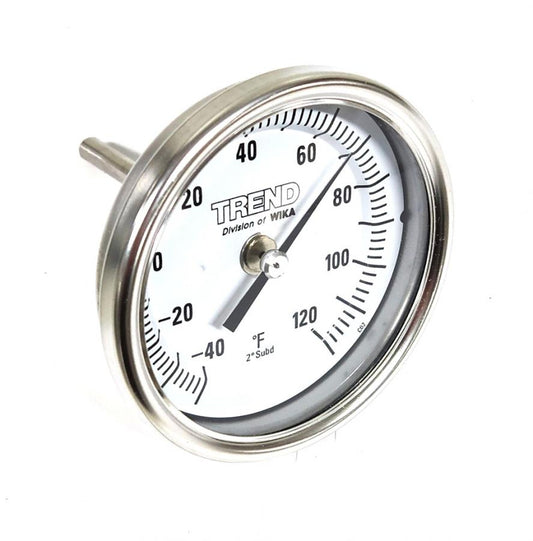 The Raven Temperature Gauge - 1/2" NPT Back Thread Thermometer (417-0001-031), with a metallic rim and white face, offers precise temperature readings from -40 to 120°F. This reliable thermometer ensures accuracy for various applications, including agricultural systems.