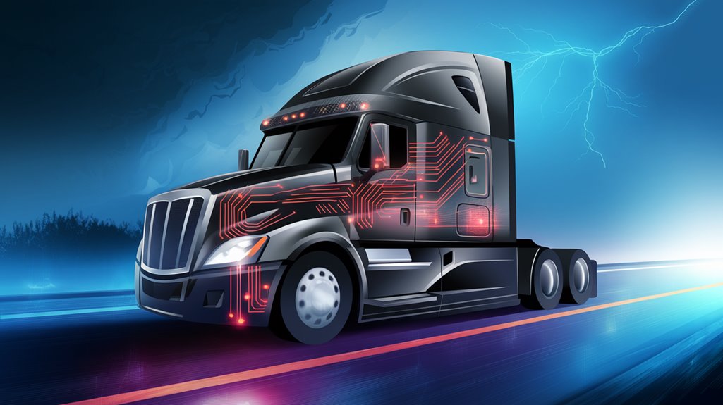 Futuristic truck with circuit board patterns, driving on a highway against a stormy sky with lightning.