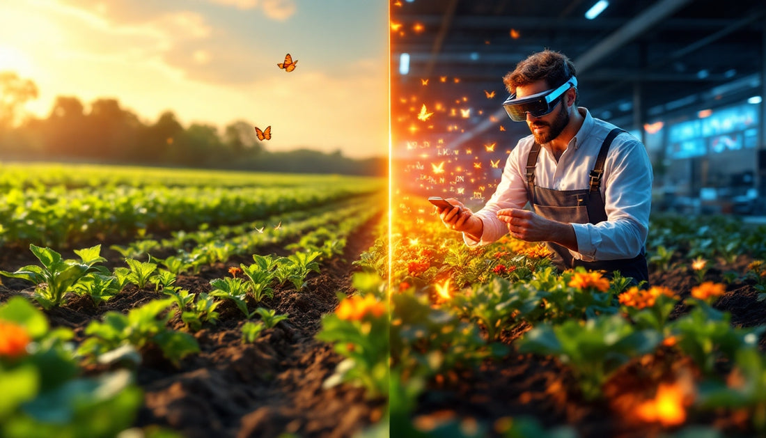 A split image shows a sunny farm field on the left and a person wearing AR glasses tending plants in a futuristic setting on the right.