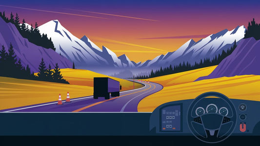 Digital art of a sunset over a mountain road, with a truck driving and orange traffic cones on the side. Steering wheel view.